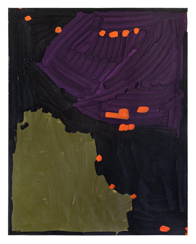 an abstract painting in a vertical orientation. its bisected diagonally from top left to bottom right by black paint and in bottom left corner is army/pale green, while top right is dark purple. across the surface are small dabs of bright orange. 