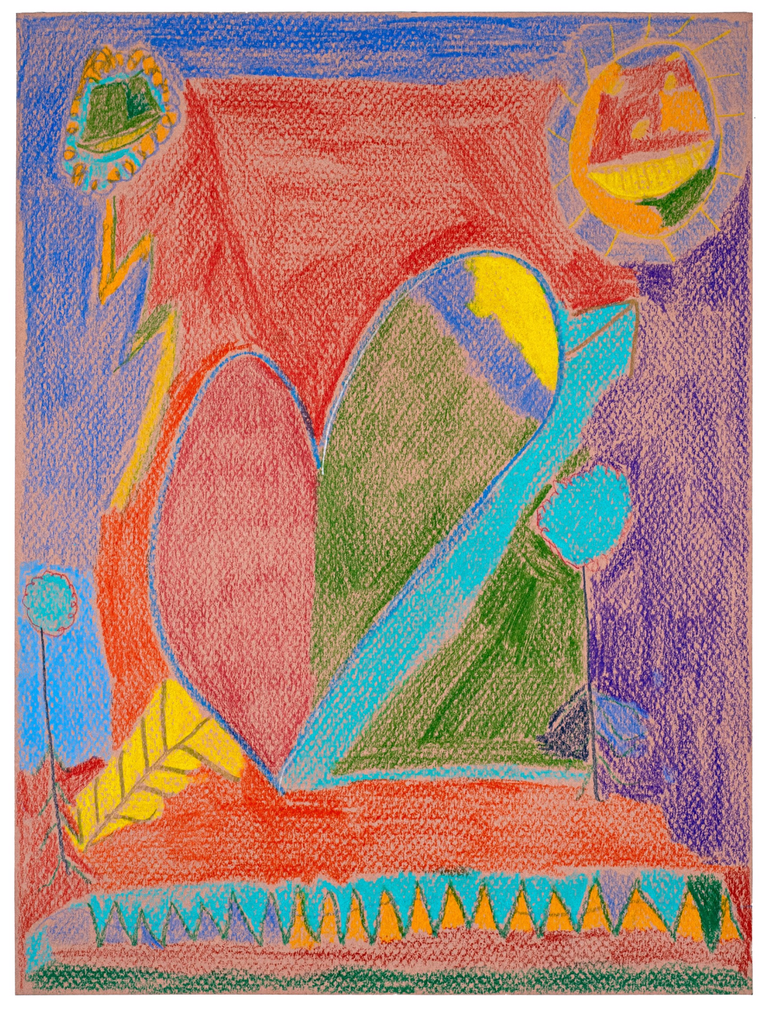 a drawing in colored pencil. a heart is at the center. below is a jagged line that seems like it could be mountains or grass. on the left is a small simply drawn flower. at top left and right are insignia or shields of some kind. 