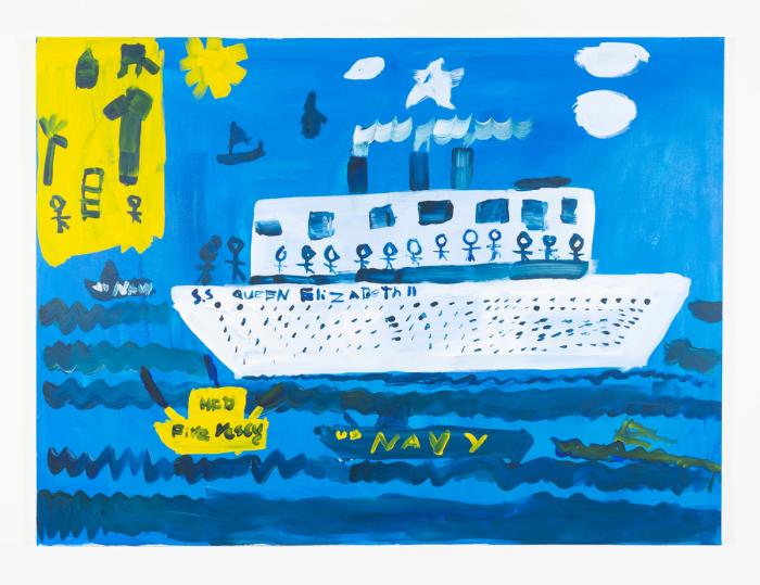 A colorful acrylic painting on canvas featuring a stylized representation of a ship with a blue background and a yellow sign that reads 'S.S.