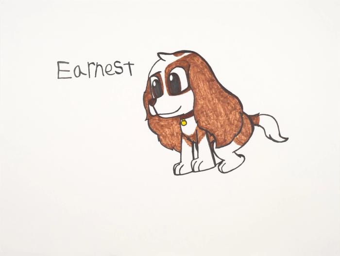 An illustration style artwork of a small brown and white dog against a vacant white background.