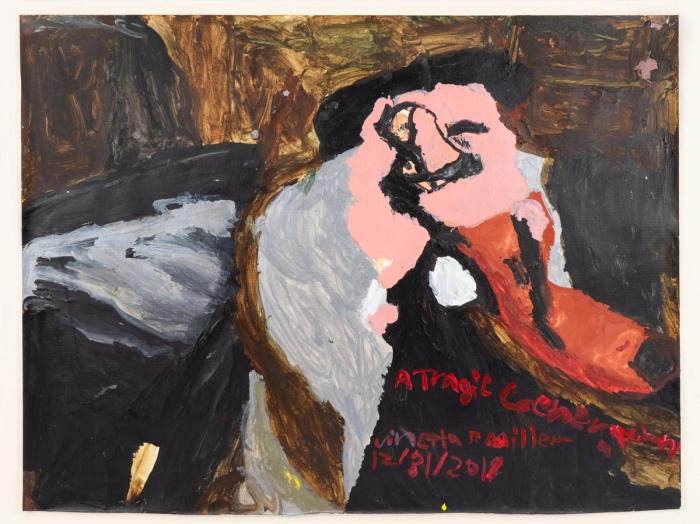 An abstract painting of what resembles a white skinned figure surrounded by textural black and brown brushwork with hand painted red text that reads, "a tragic generation. 