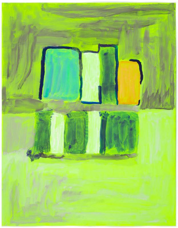 Multi-shade green acrylic painting on paper featuring rectangular geometric shapes, with abundant green and gray textural line work.
