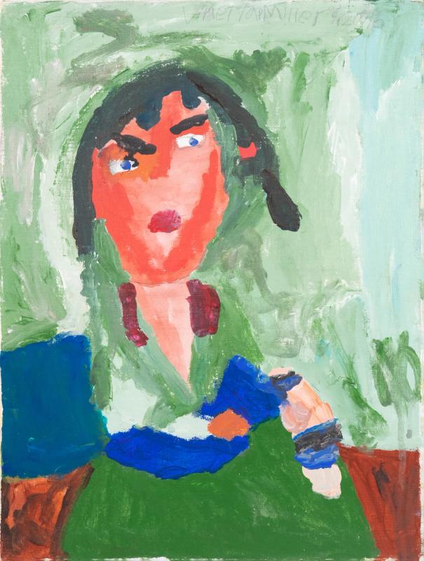 An acrylic on canvas painting of a woman sitting in a chair wearing green and blue. She is surrounded by textural light green, blue, and white brushwork. 