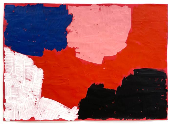 on red paper, an abstract painting with visible brush strokes that appear like hatch marks. there is blue, white, red, black, and pink forms, separated from each other by bits of visible paper