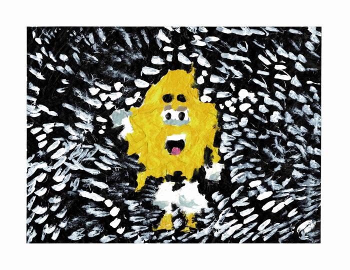 A painting featuring black, white, and yellow textural brushwork, with a star-shaped character in the center, sporting cartoon-like eyes and a wide open mouth.