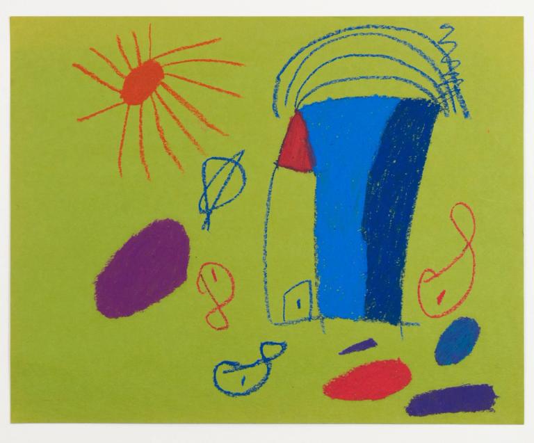 An artwork with blue, red, and purple pastel shapes on a background of pea soup green-colored paper.