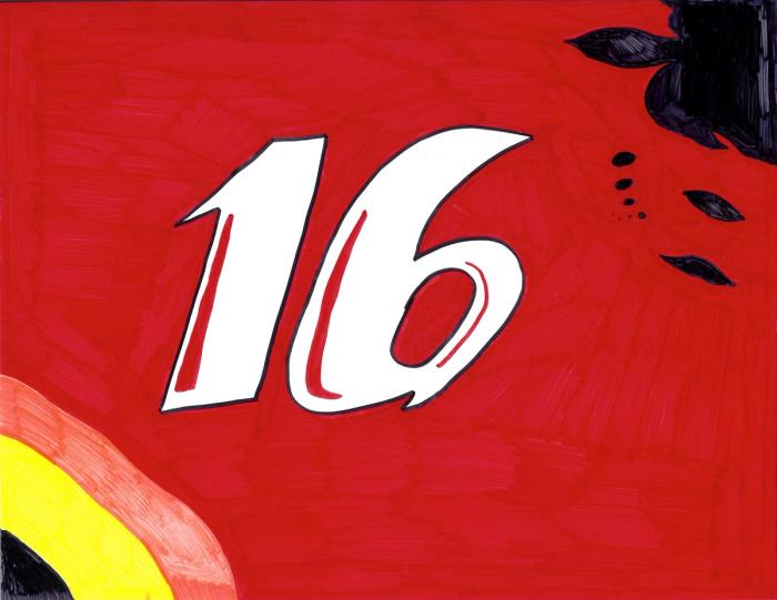a drawing in mostly red, with a number 16 in white stylized letter at center. on bottom right is a red and yellow arc, and top right a dark design that resembles a leaf or 
