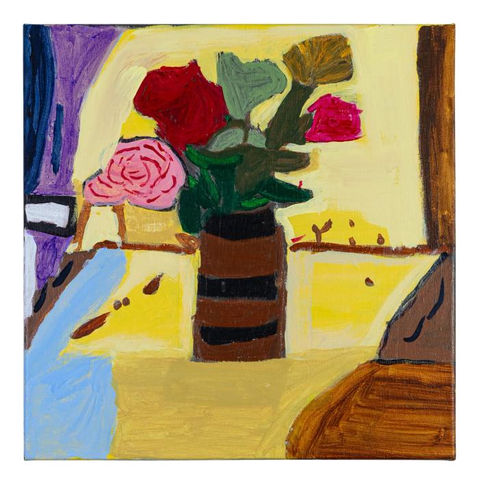 a still life of a black and brown vase with flowers which are mostly pink and red with one yellow and one light green. behind them is yellow and in the foreground at right is a brown shape and at left is blue and purple.