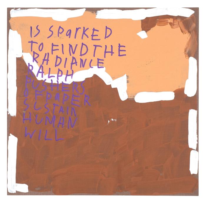 Framed artwork featuring abstract elements and text in purple on a brown background