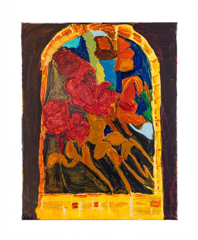 a colorful painting of red flowers inside an arch shaped form which is gold. the paintings edges are dark brown and theres blue forms behind the flowers