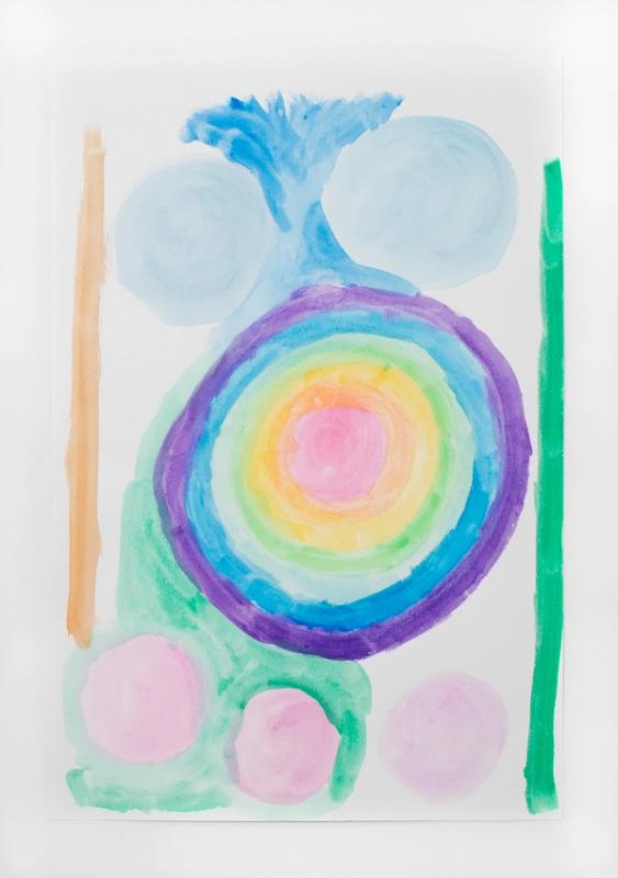 A watercolor on white canvas piece with pastel colored, circular rainbow patterns. 
