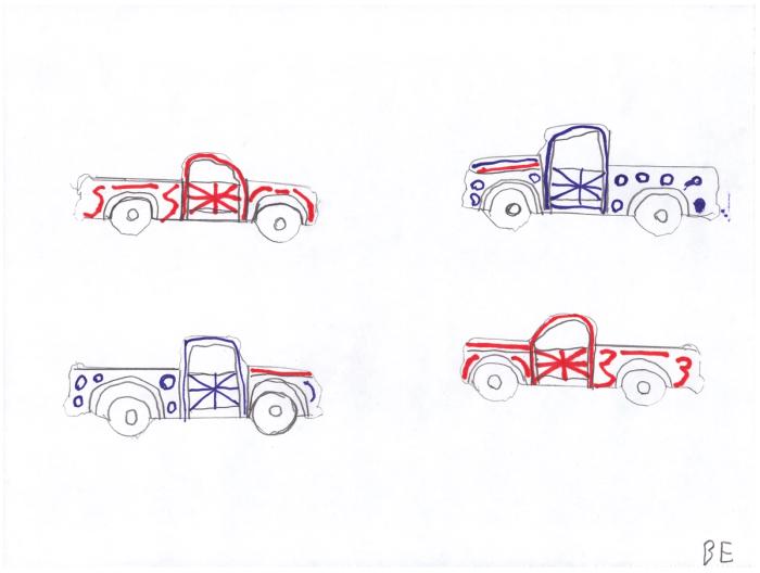 Marker and pencil drawing of several pickup trucks in red and purple, facing each other against a white background.