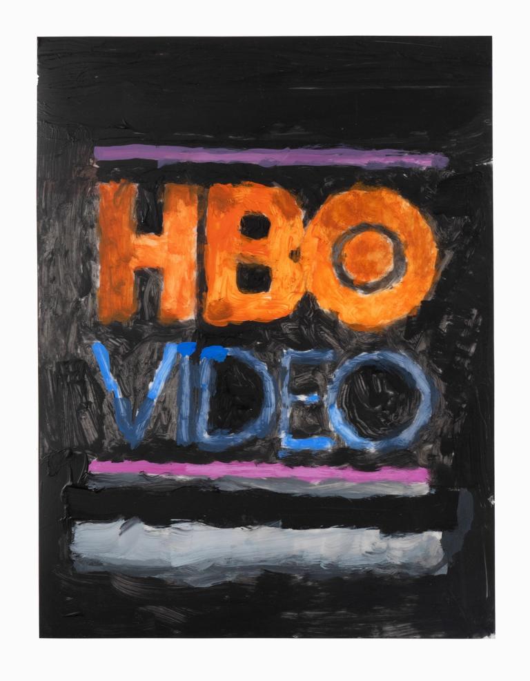 a painting of a logo that says: HBO VIDEO in all capitals. HBO is in luminous orange and VIDEO in dark blue. its loose and a little crooked