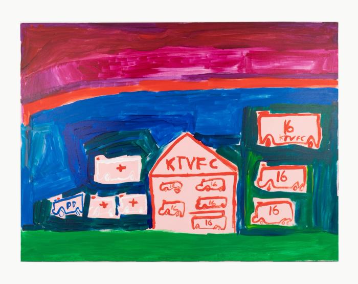 A colorful artwork depicting a stylized firehouse with a soccer field and various vehicles labeled 'KVFD', 'APD', and 'FIRE'.