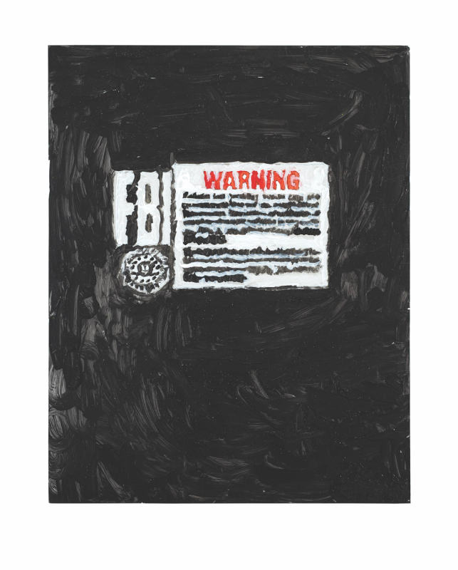a painting, mostly black, of a small, designed block of text. On left are the letters FBI above a small seal of some kind, and to the right is a small paragraph of text under the word 'WARNING' in all capitals in red text. the paint is applied in such a way that you can see the brushmarks.