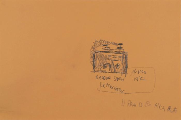 A small pencil drawing of a rectangular object and text below it that reads, "rescue squad defibrillator."