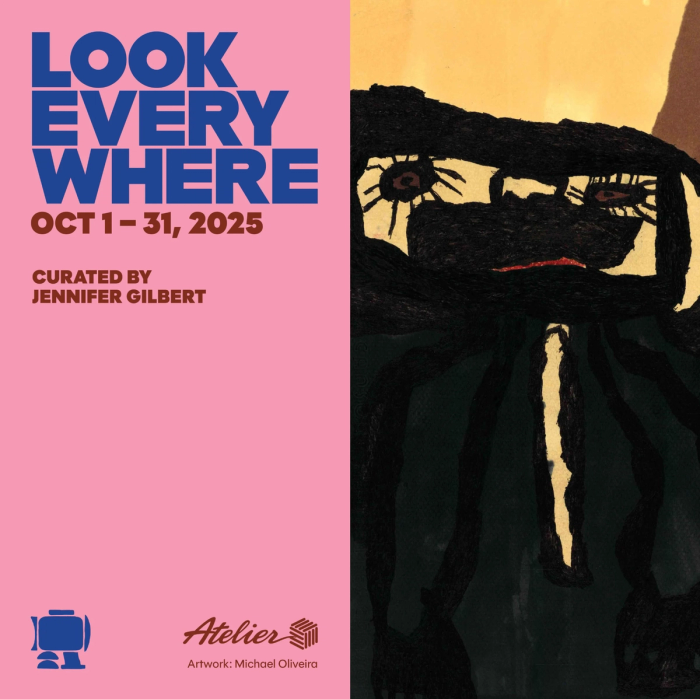 a square shaped designed image divided in half with blue and red text on a pink background on the left and an artwork on the right. the text says 'look everywhere oct 1 - 31, 2025 curated by jennifer gilbert' and has two small logos at the bottom. the artwork is mostly black and is a loosely figurative form with eyes in the shape of suns and a thin red mouth.