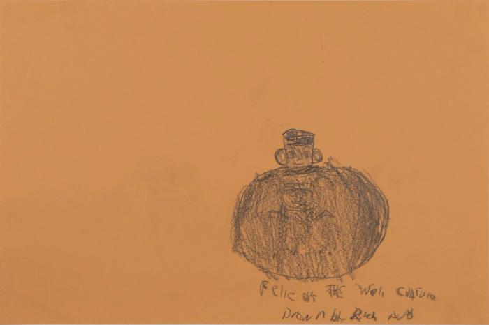 Graphite pencil drawing on beige construction paper of a round figure with large ears, surrounded by mostly negative space.