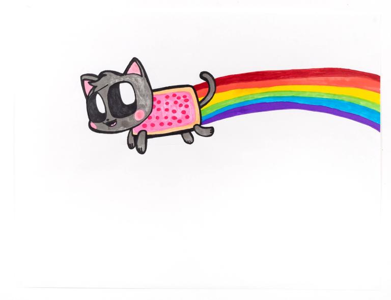 An anime-style illustration of a black cat wearing a pink polka-dot sweater, with a rainbow trailing behind it.