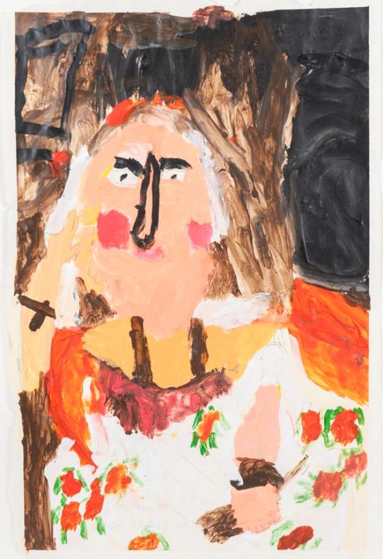 A painted portrait of a light skinned figure in a floral print dress surrounded by brown, black and orange brushwork. 