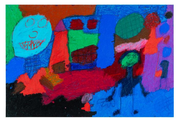 Colorful abstract artwork with various shapes and colors on a blue background