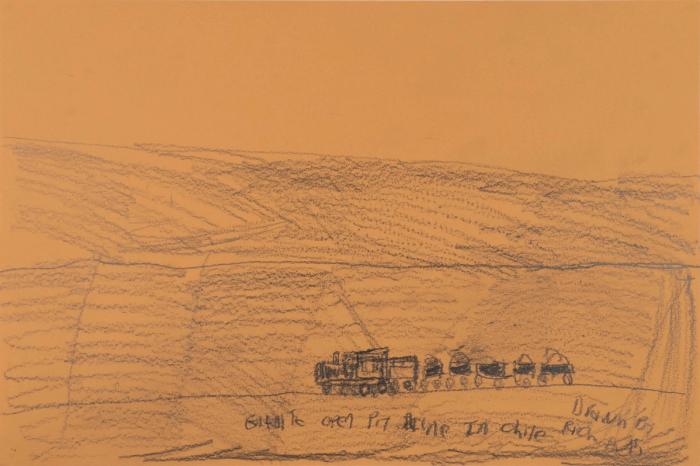 Pencil drawing on beige construction paper of a textured, abstract landscape with a train car moving across the bottom. Handwritten text at the bottom reads, 'Granite open pit mine in Chile. Drawn by Rich Auth.'