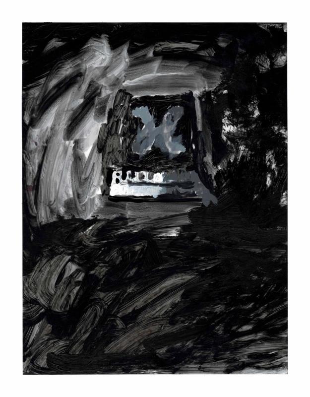 Black and white textural brushstrokes in a painting of the Hallmark Entertainment logo.