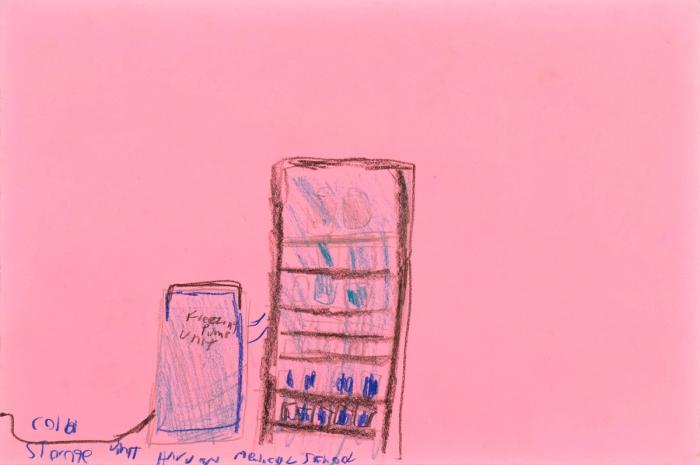 Colored pencil drawing on pink construction paper featuring two rectangular objects. On the right is an open refrigerator displaying various blue containers. The smaller rectangular object on the left is shaded blue and labeled 'Freezing Pump Unit.' Below both images is handwritten text that reads, 'Cold Storage Unit, Harvard Medical School.