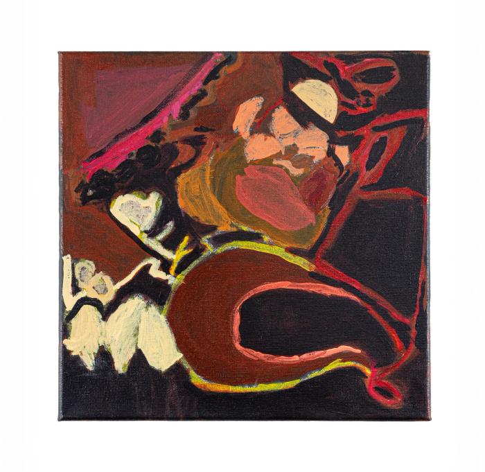 a mostly dark painting in a square shape. it has a very dark lower right corner with luminous red lines. it has a large pink loop at bottom center and lots of complicated forms in the center in pinks and oranges.