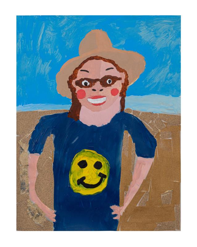 Painting of a person wearing a blue shirt with a smiley face and a straw hat against a blue sky.