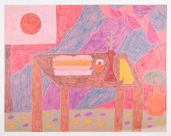 A purple, pink, and red colored pencil on paper drawing of a still life with a dinner table setting and the flag of Japan displayed prominently in the top left corner. 