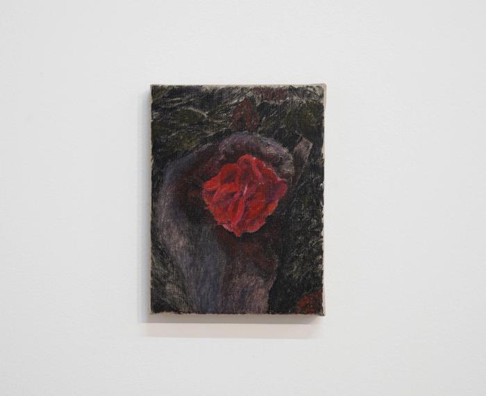 a small scale painting, in dark hues, of a hand cupping a rose from above