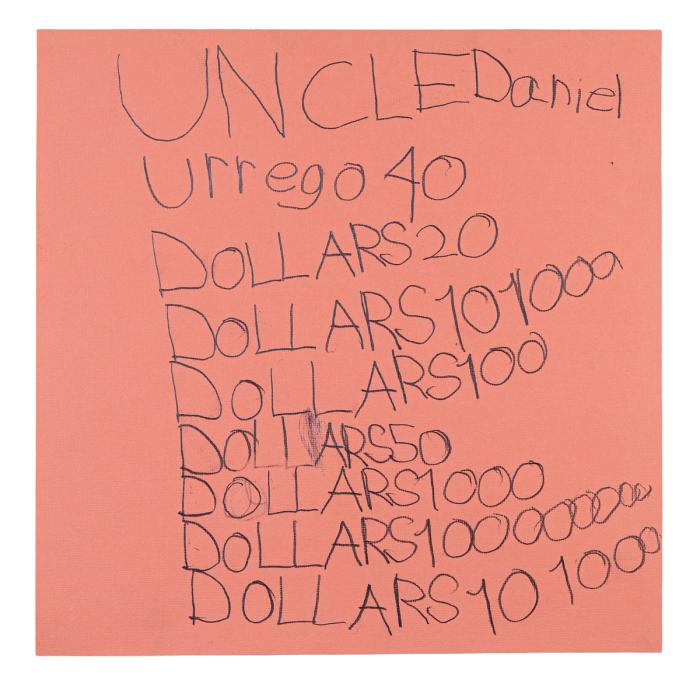 Handwritten list of amounts on a pink background