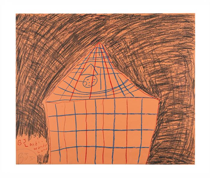 a mostly orange artwork with lots of scribbly graphite line work around the top and sides. in the center a building structure made of blue and red lines in a rough grid with a small face in the middle