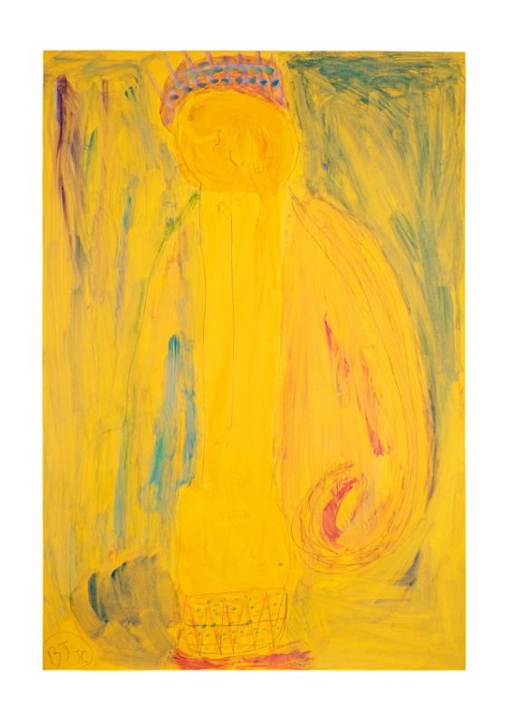 Abstract figurative artwork dominated by bright yellow, showing a crowned figured with a long body. Loose pencil lines and soft washes of blue, green, pink, and orange appear across the surface, with a swirling red-orange shape on the right and a small patterned rectangle near the bottom.