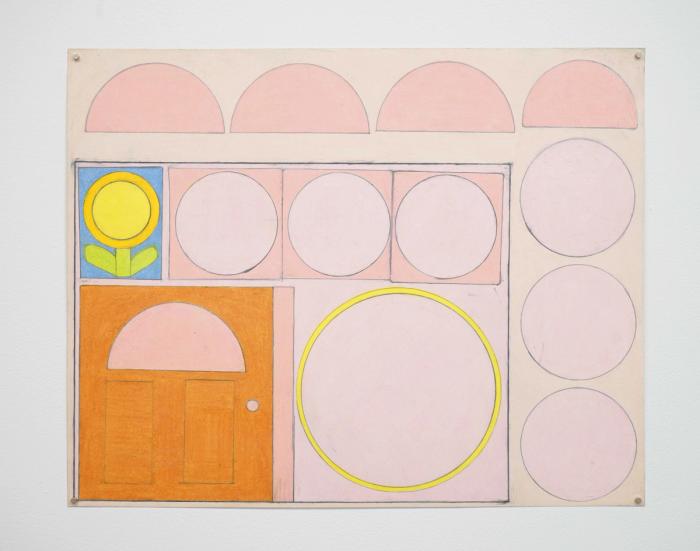 an abstracted depiction of some kind of architecture in mostly pink with a bright orange door at left. there is also a bright yellow flower above the door. there are also many pink circles spaced out around the paper