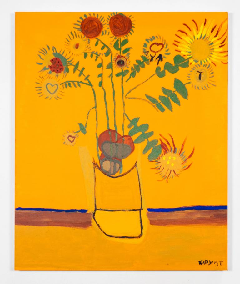 A still life painting inspired by a Vincent van Gogh piece, featuring a series of flowers in a vase against a marigold-colored background.