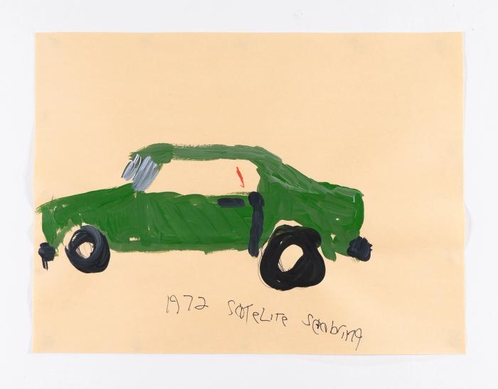 a painting of a green car with big chunky wheels. the paint is applied almost casually, with. swfit hand. there is a small red line inside the window and the words '1972 satelite seabring' in handwritten text below the car.