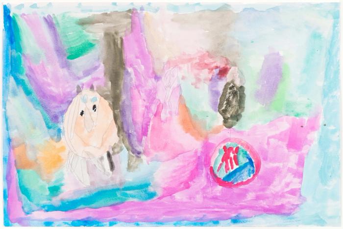 Abstract watercolor painting featuring pastel-toned geometric shapes and several figures resembling underwater creatures, possibly crustaceans.