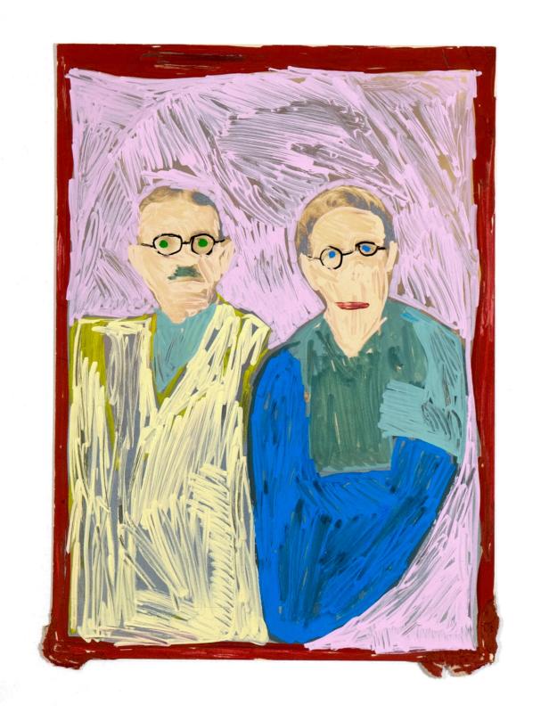 Pink, blue, yellow, and red paint marker on a found photograph of a couple both wearing glasses and straight faced expressions. 
