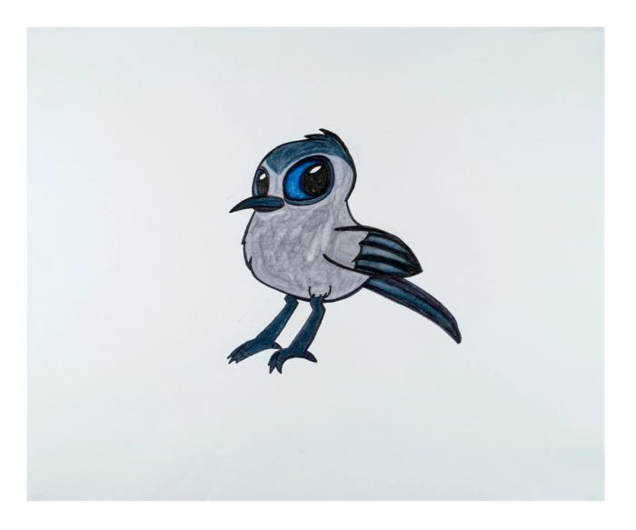 Cartoon bird with blue eyes on a light gray background