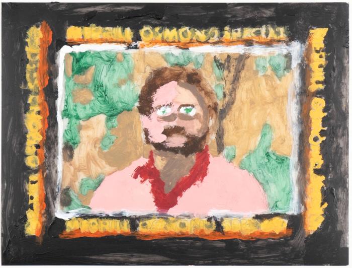 Acrylic on Dura-lar painting of a white-skinned figure with brown hair and a bead, surrounded by a black frame and golden-yellow, hard-to-read text. The figure has green eyes, a pink shirt with a red collar, and is standing in front of a tree line outdoors.