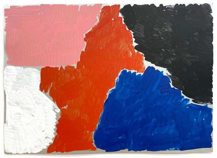 a brushy abstract painting with black, blue, pink, white, and orange in big areas, on silver reflective paper, applied brusquely and not overlapping