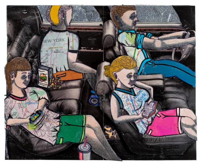 A mixed media collage and colored pencil work featuring a family of four in a car. One child gazes out the window while the other plays a video game. In the passenger seat, the mother is shown reading a book, while the father drives with both hands firmly on the steering wheel.  Each figure is constructed using remnants of a map, displaying multicolored land masses and text such as "New York."