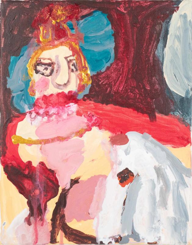 Textural, expressive abstract painting featuring a light-skinned, princess-like figure adorned in reds, golds, and blues, set against a turbulent red background.