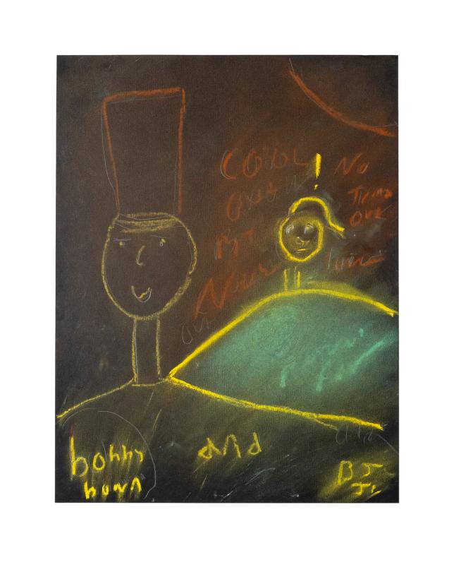 Chalk pastel artwork on paper depicting a figure with a high top hairstyle and text elements.