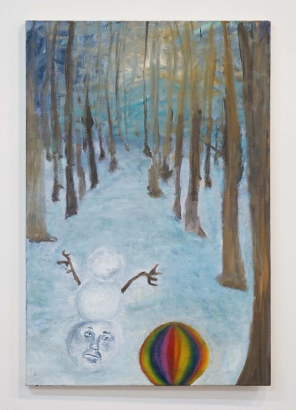 a painting of a snowy landscape with leafless trees going off into the distance. in the foreground a sad looking snowman looks at a strange looking beachball. his head is on the bottom rather than the top of the pile of snow