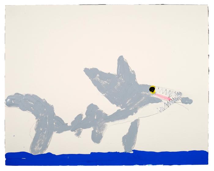 Abrstract rendering of a grey shark against a white background with a blue horizon line along the bottom of the piece.