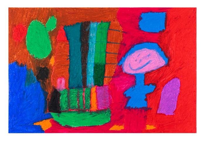 Colorful abstract painting with various shapes and colors on a red background