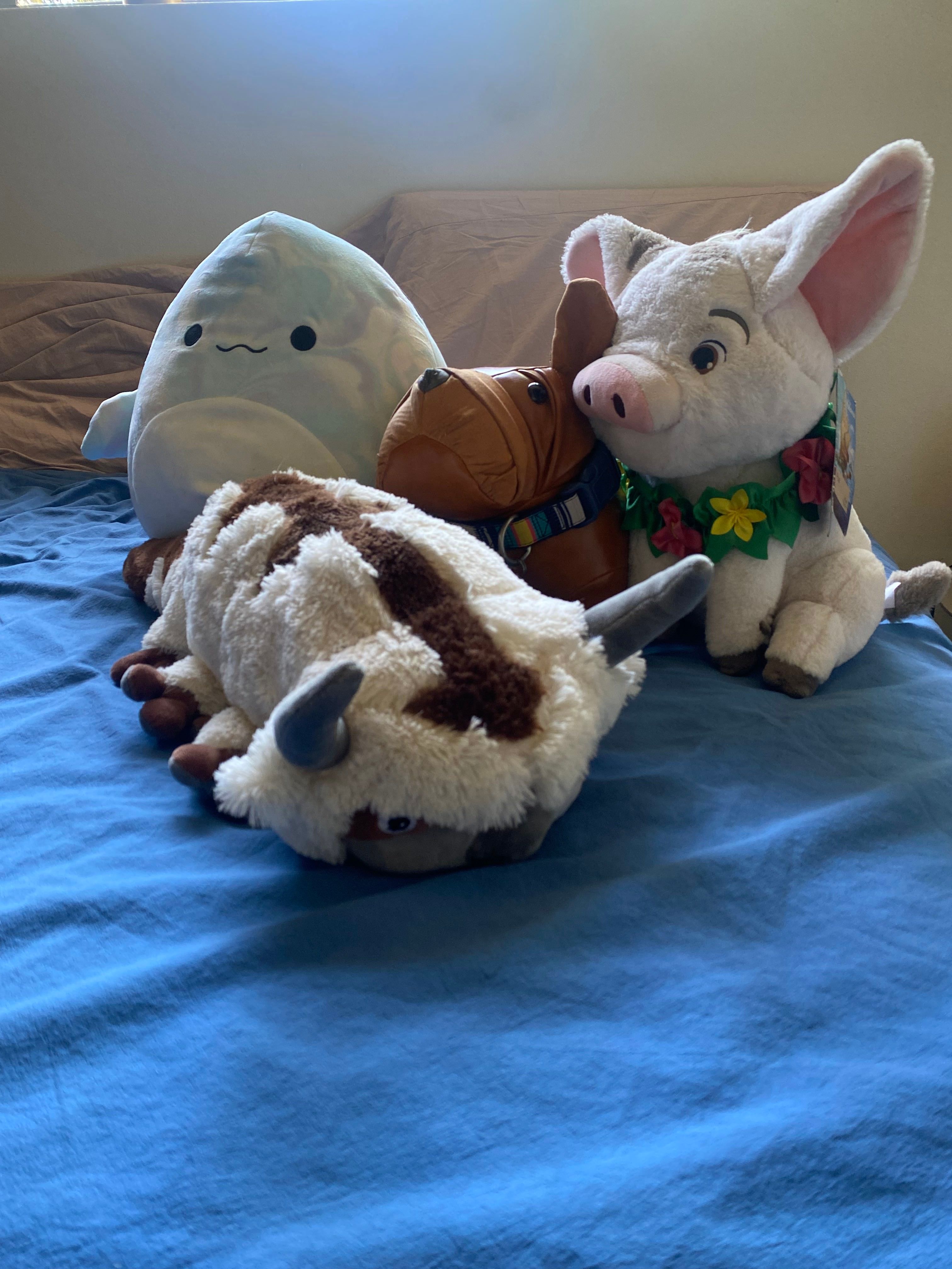 fours stuffed animals on top of a blue cotton duvet cover and in front of two light pink pillows. From the left to the right there is a dolphin squishmellow, a brown and white appa, a bulldog made of brown leather, and Pua, the pig from Moana.